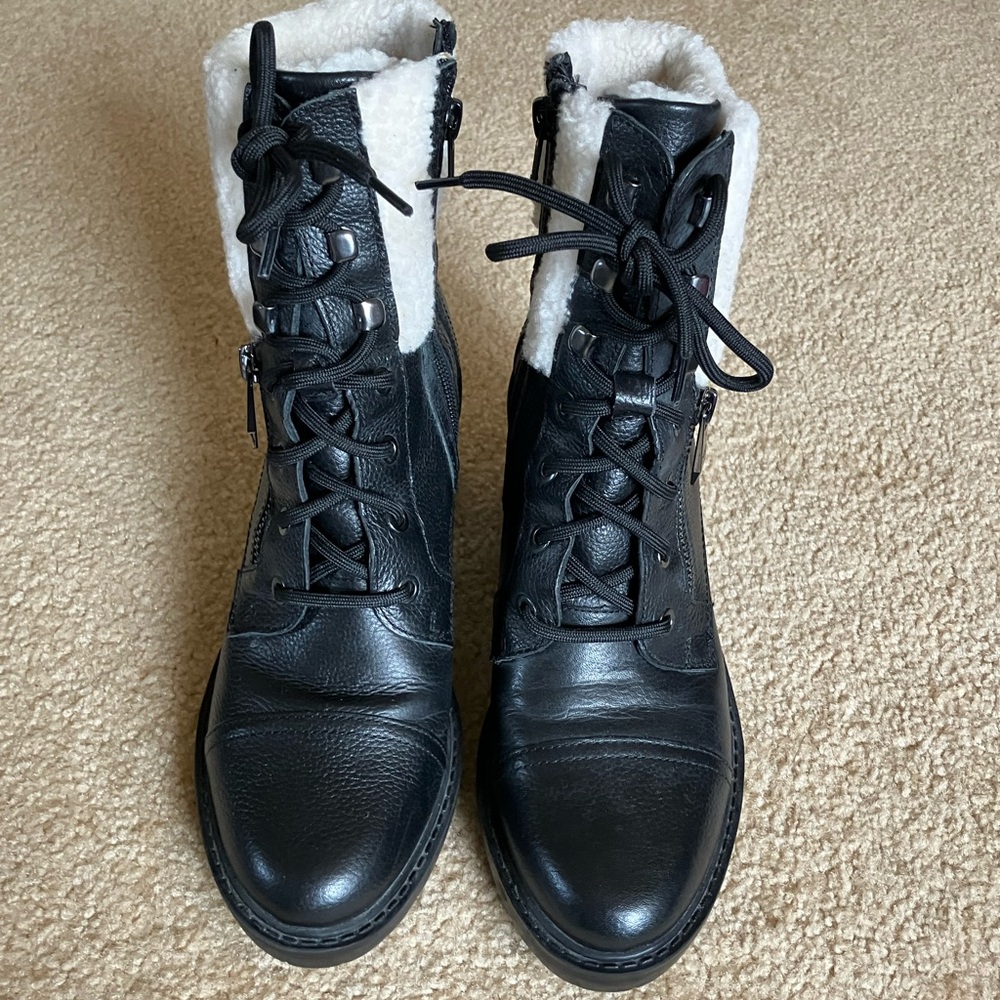 Marc  Fisher Women's Black Leather Boots with Cream Lining and lug sole.